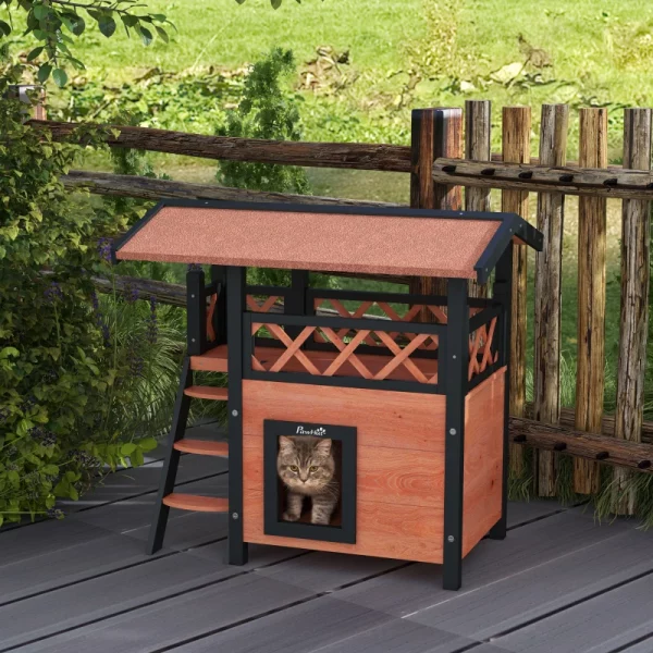 Outdoor cat house with balcony