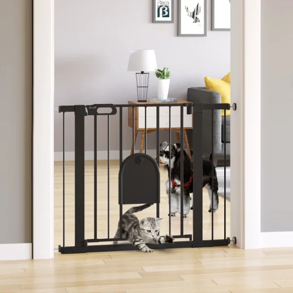 Dog gate with cat flap Black