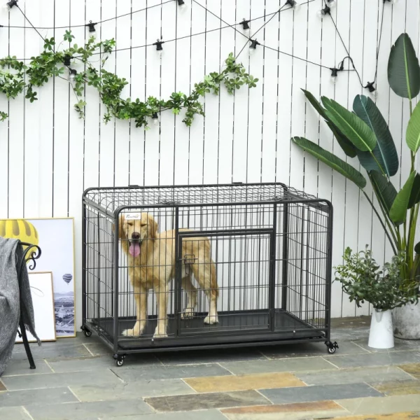 Wheeled metal dog cage